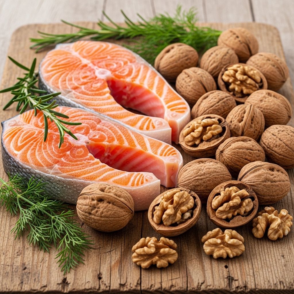 Fresh Atlantic salmon fillets and walnuts arranged on a wooden board with fresh herbs, representing natural omega-3 fatty acid food sources