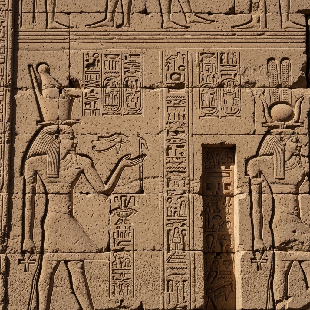 Ancient stone carvings and hieroglyphics on an Egyptian temple wall, depicting historical figures and symbolic representations of knowledge