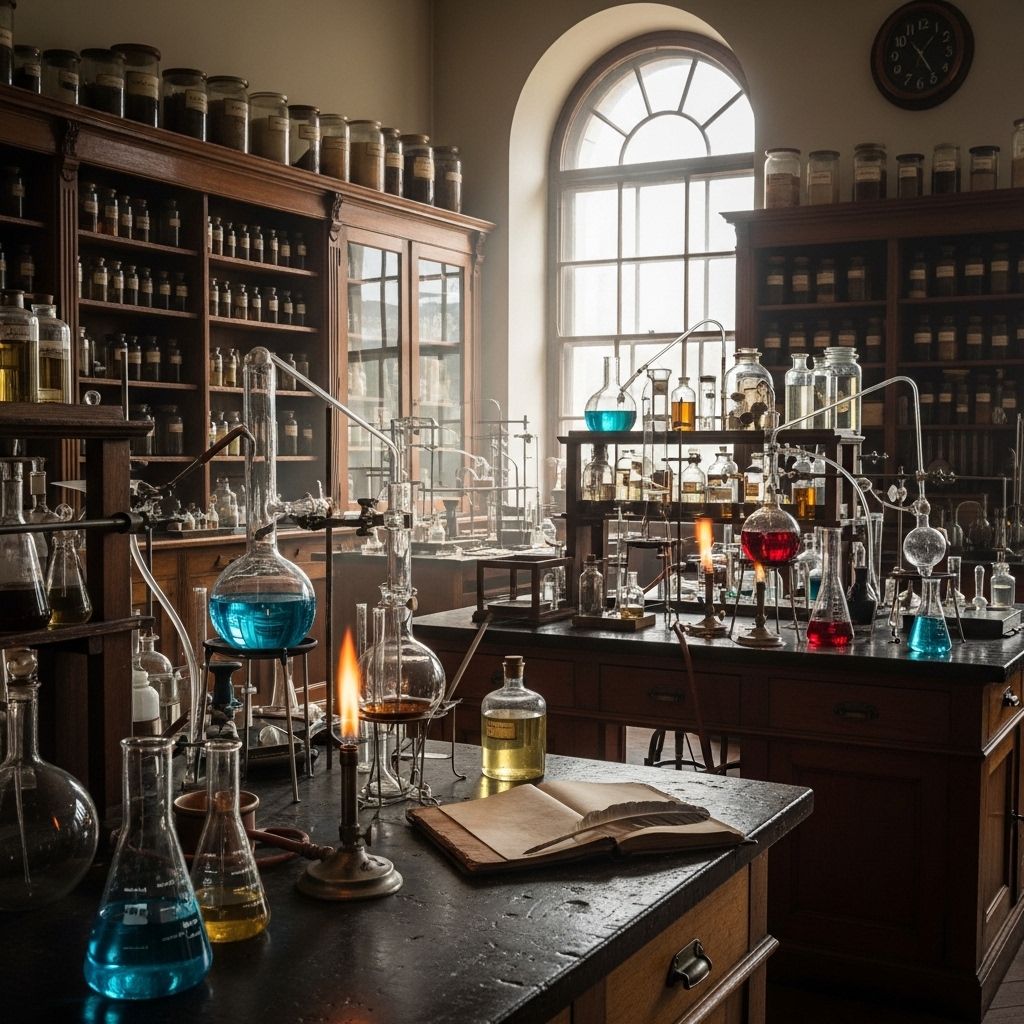 A vintage scientific laboratory from the early 20th century with glass flasks, burners, and wooden shelving filled with labelled specimen jars