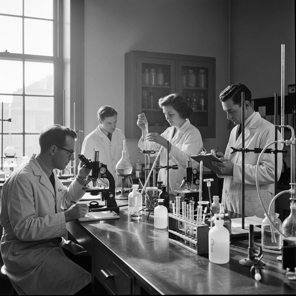 Black and white photograph of a mid-20th century scientific research team working in a biochemistry laboratory with early analytical equipment